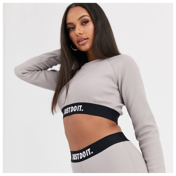 Nike Just Do It Ribbed Crop Top Shirt Size S NWT Taupe NWT Long Sleeve - Picture 2 of 11